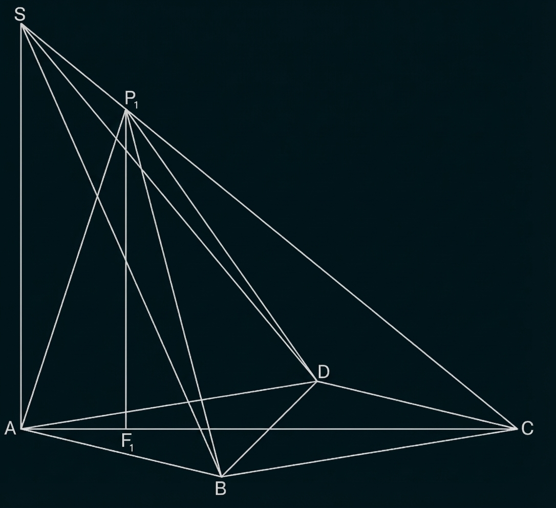 Geometrische Skizze: Dreieck ABC mit Spitze S, inneren Punkten P1, D, F1 und mehreren Verbindungsstrecken.